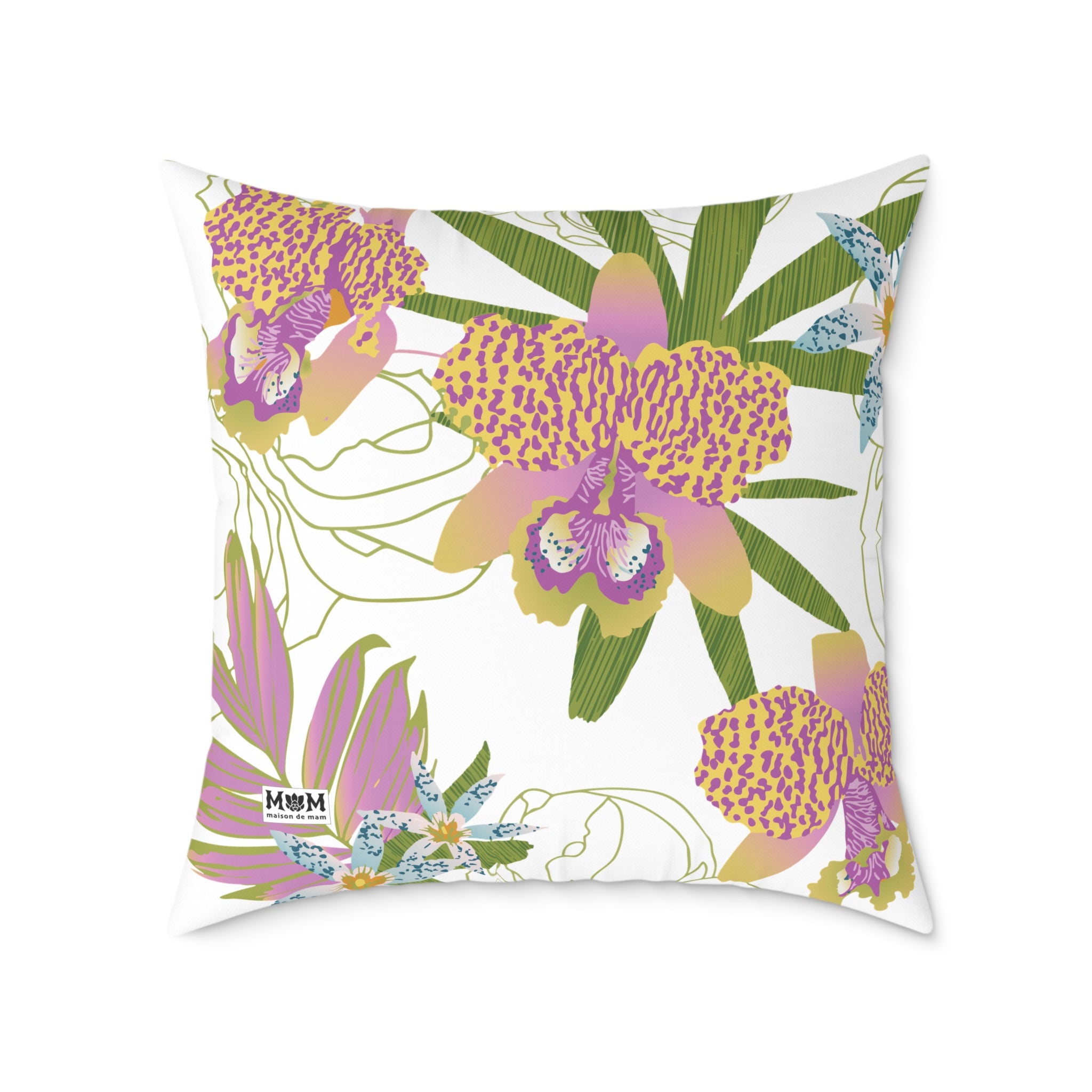 Decorative pillow with floral design on a white background