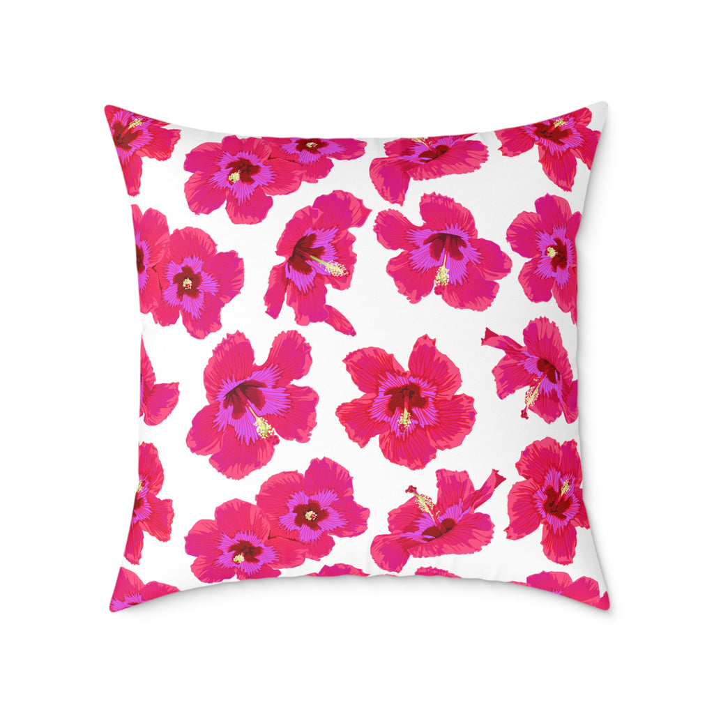 Floral-patterned pillow with pink flowers on a white background
