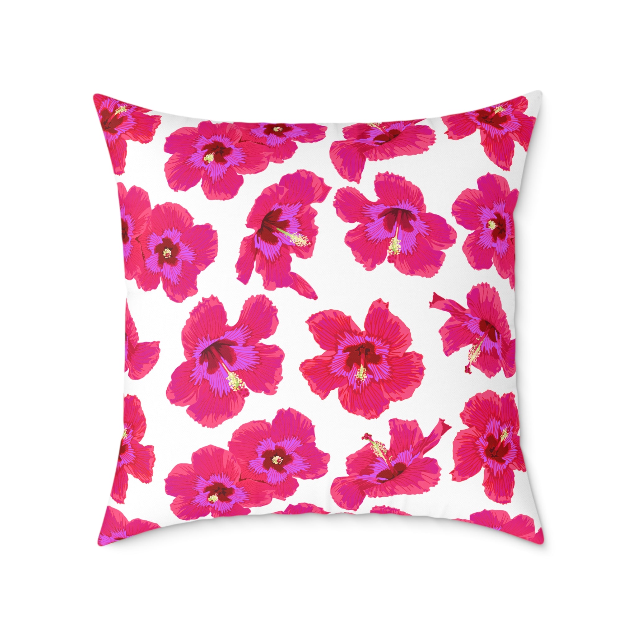 Floral-patterned pillow with pink flowers on a white background