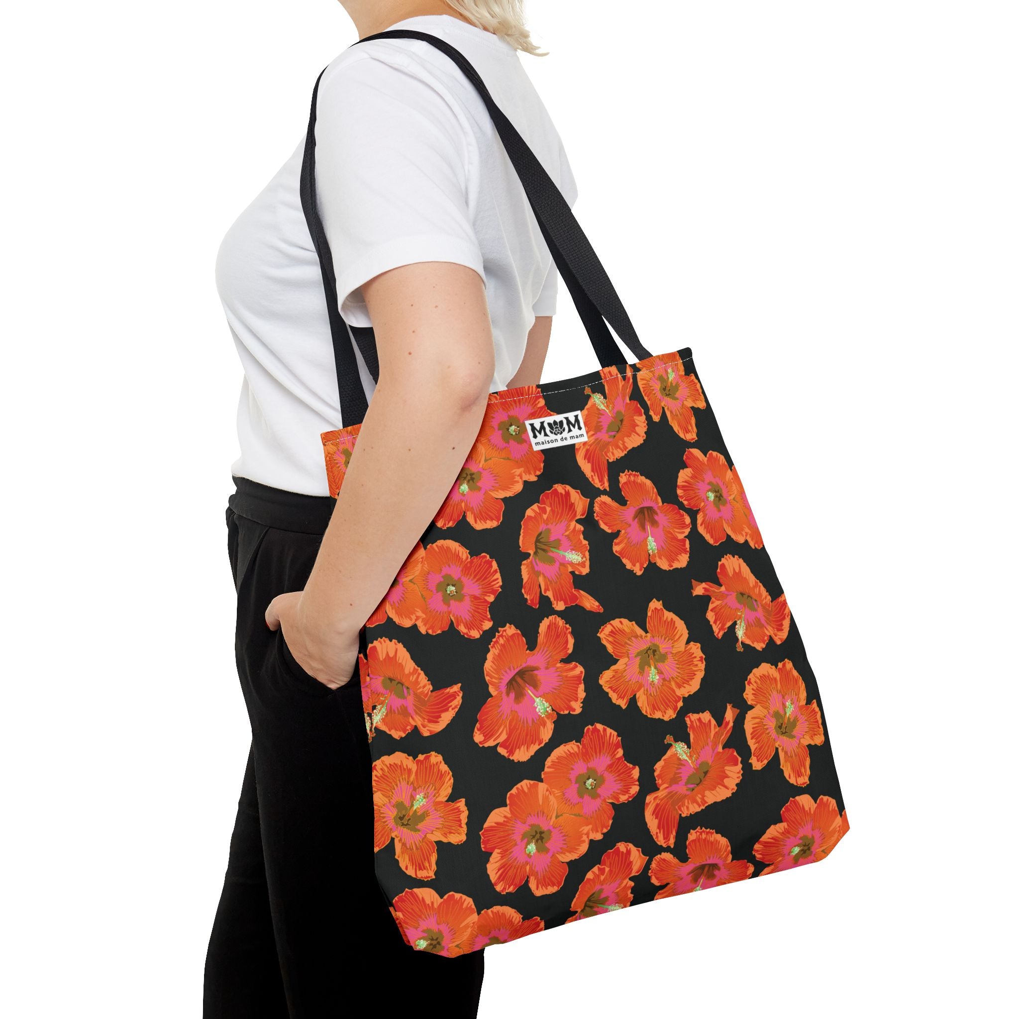 Pualani Orange Hibiscus Tote Market Bag ~ Black
