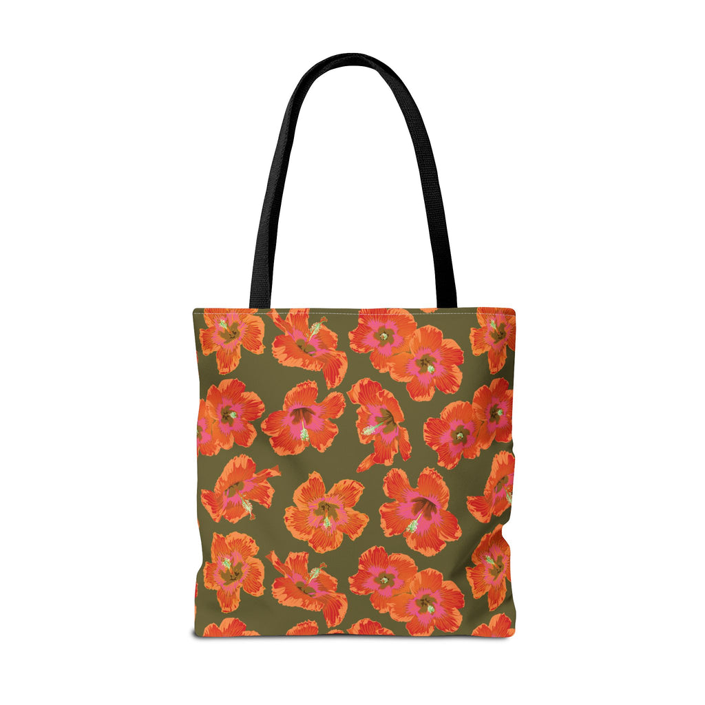 Pualani Orange Hibiscus Market Tote Bag ~ Olive