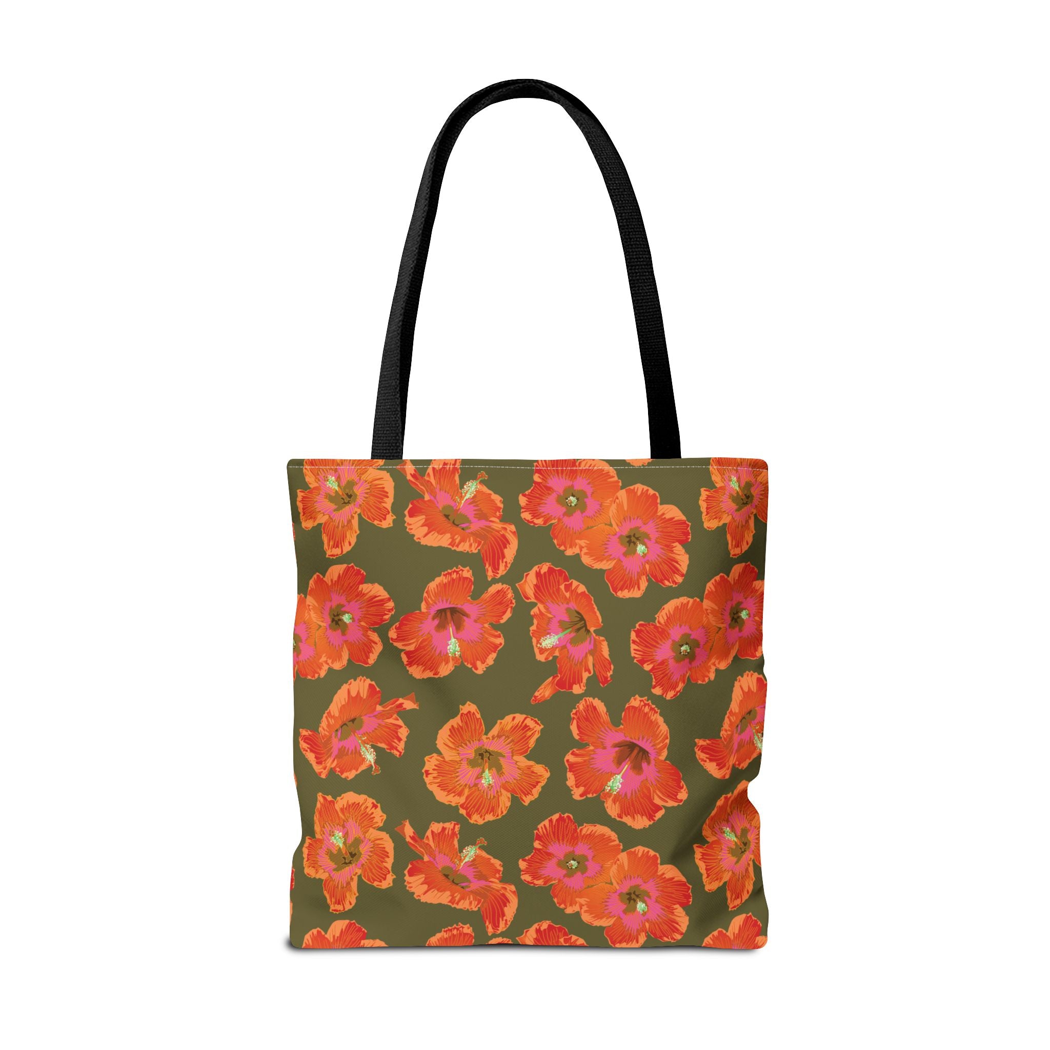 Pualani Orange Hibiscus Market Tote Bag ~ Olive