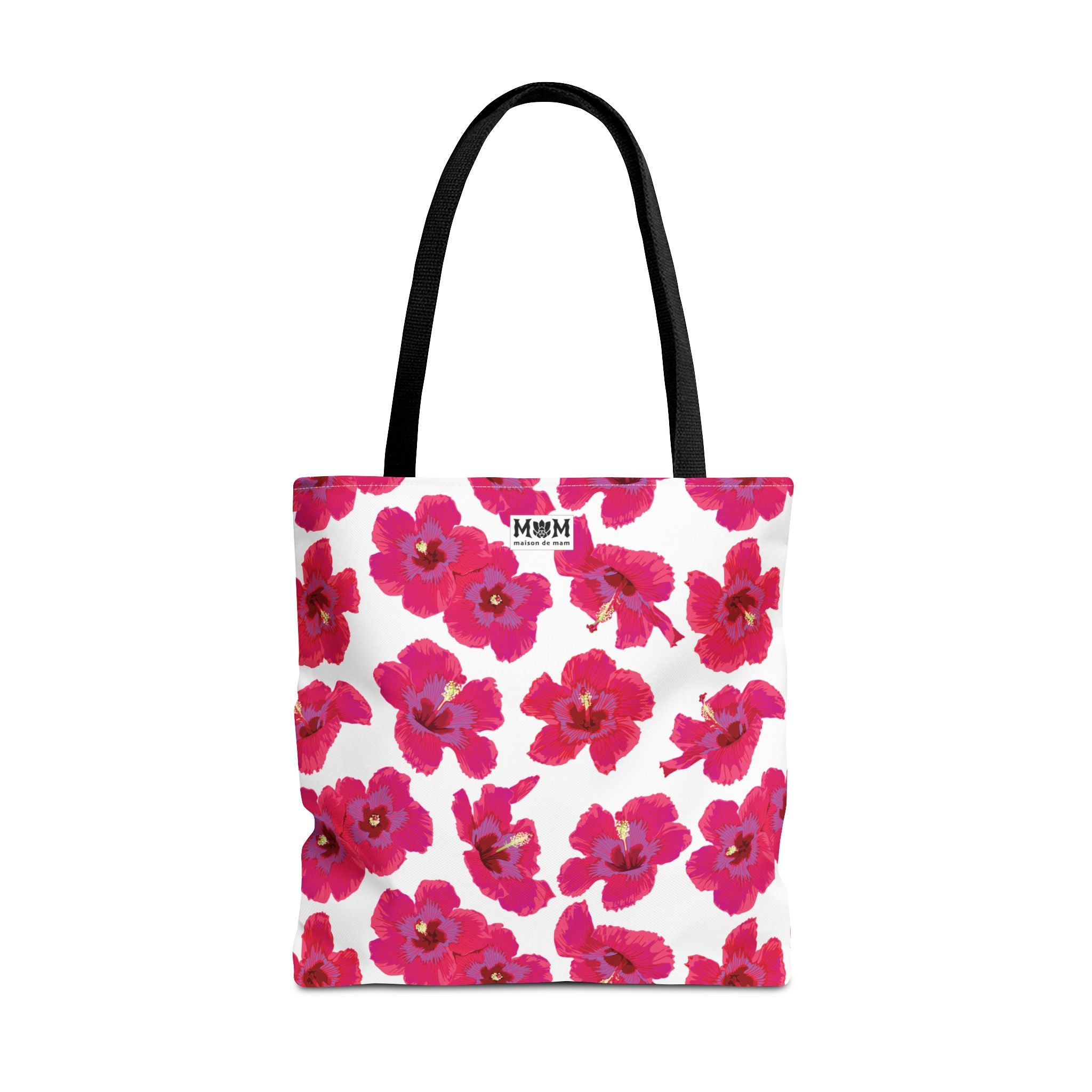 Tote bag with pink floral pattern on a white background