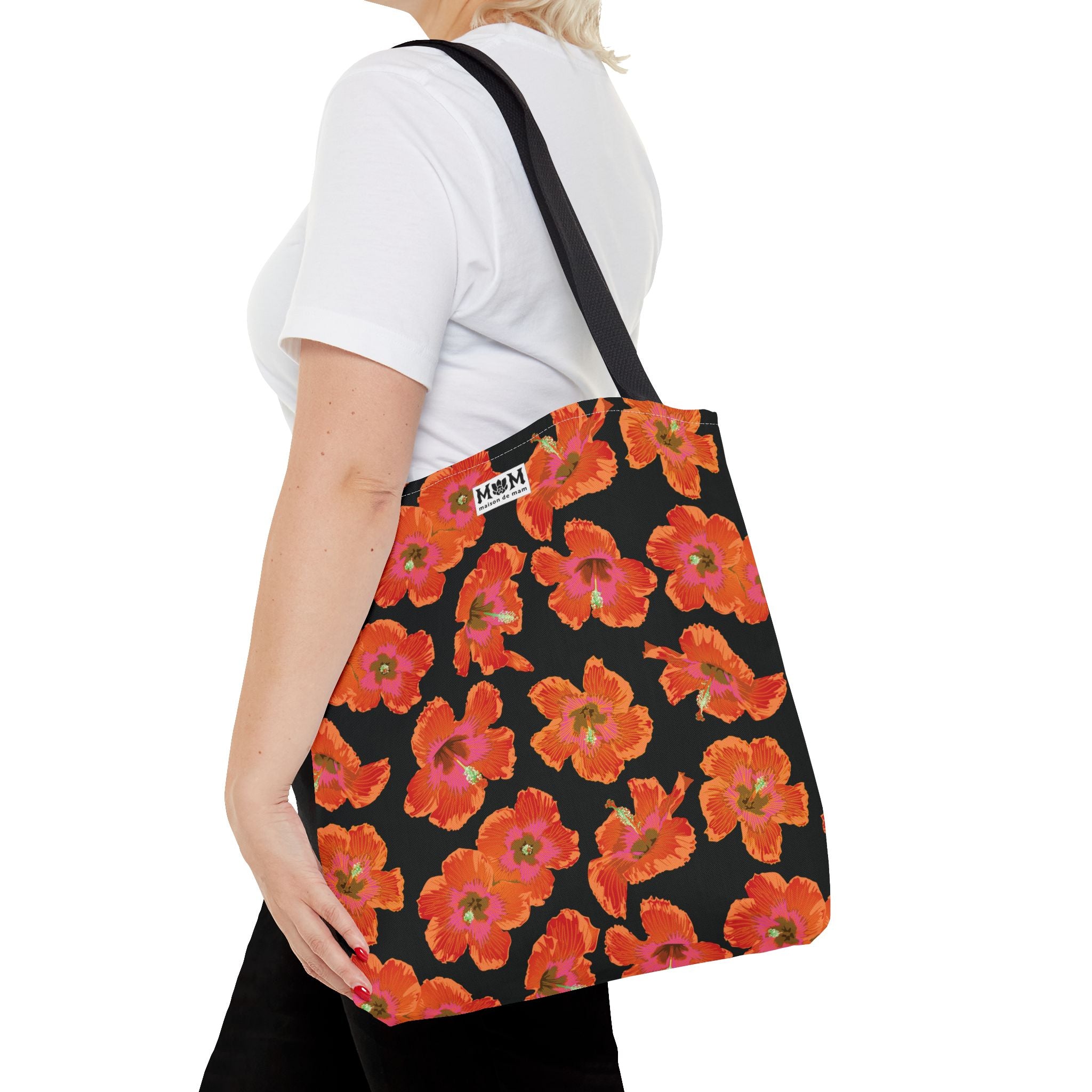 Pualani Orange Hibiscus Tote Market Bag ~ Black