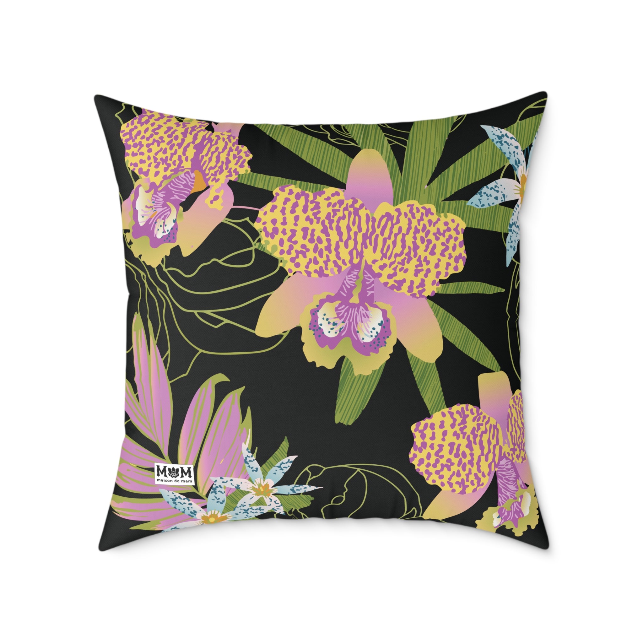 Decorative pillow with tropical floral design on a black background