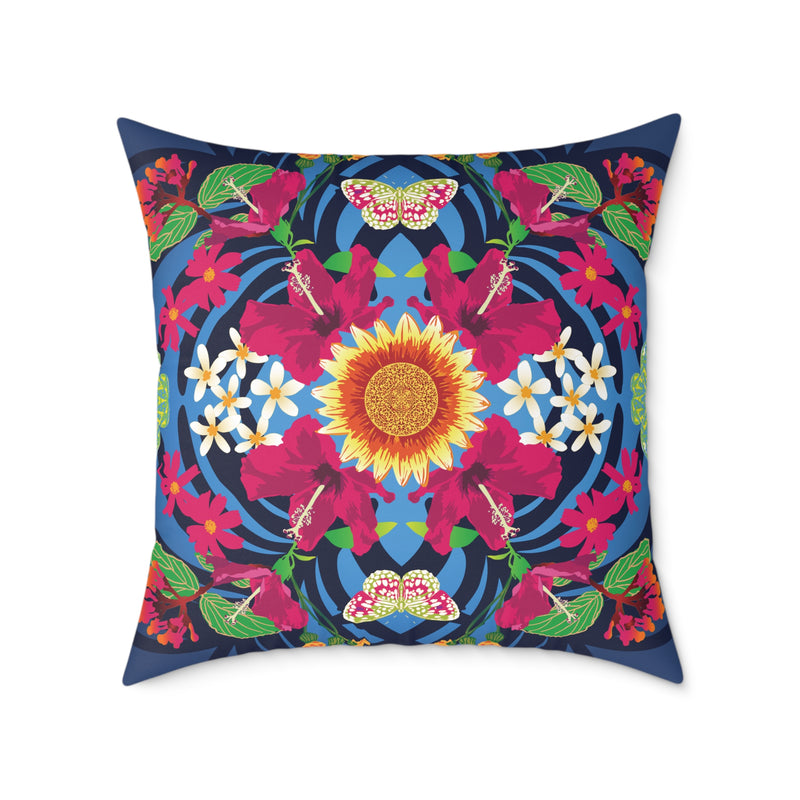 Colorful pillow with floral and butterfly design on a white background