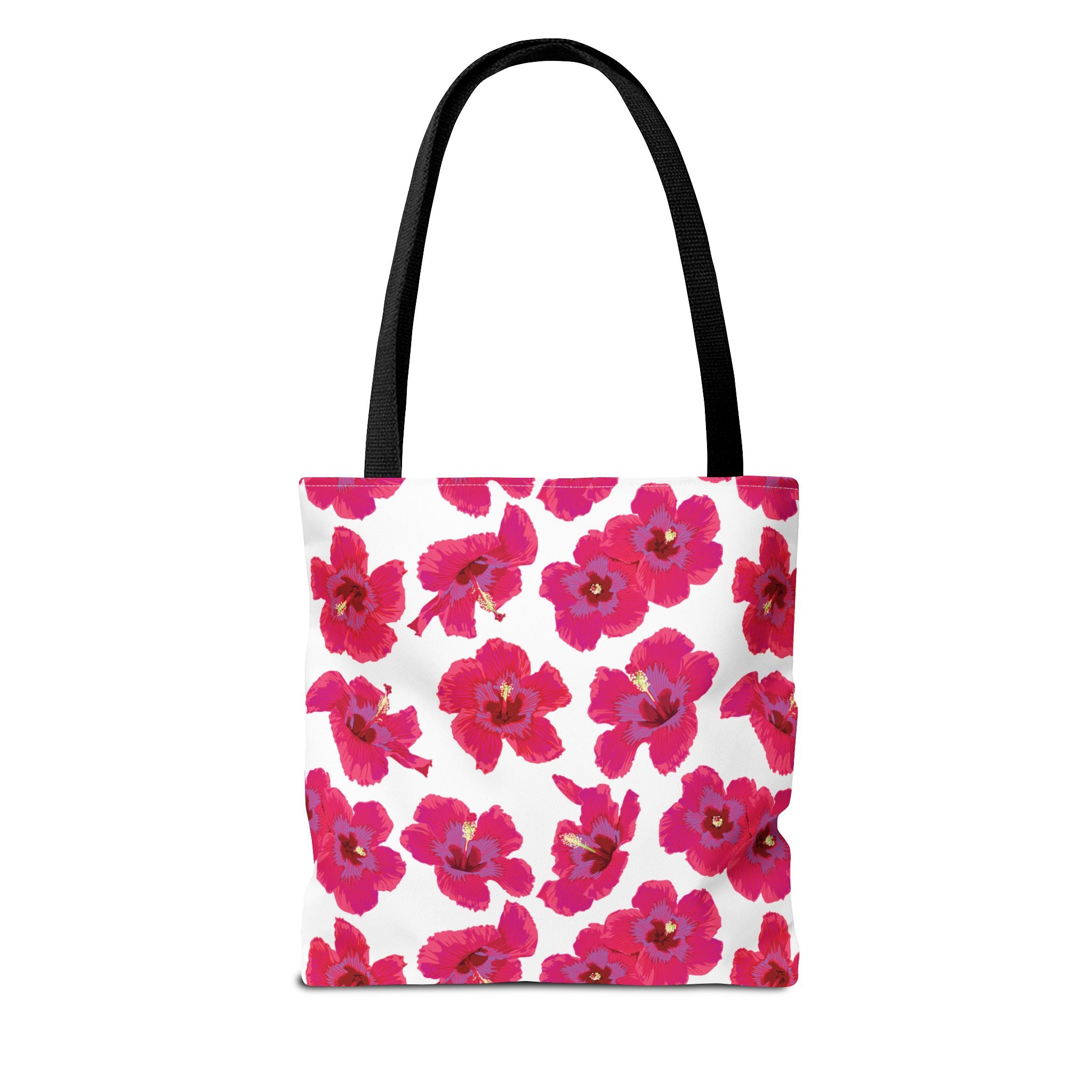 Tote bag with pink floral pattern on a white background
