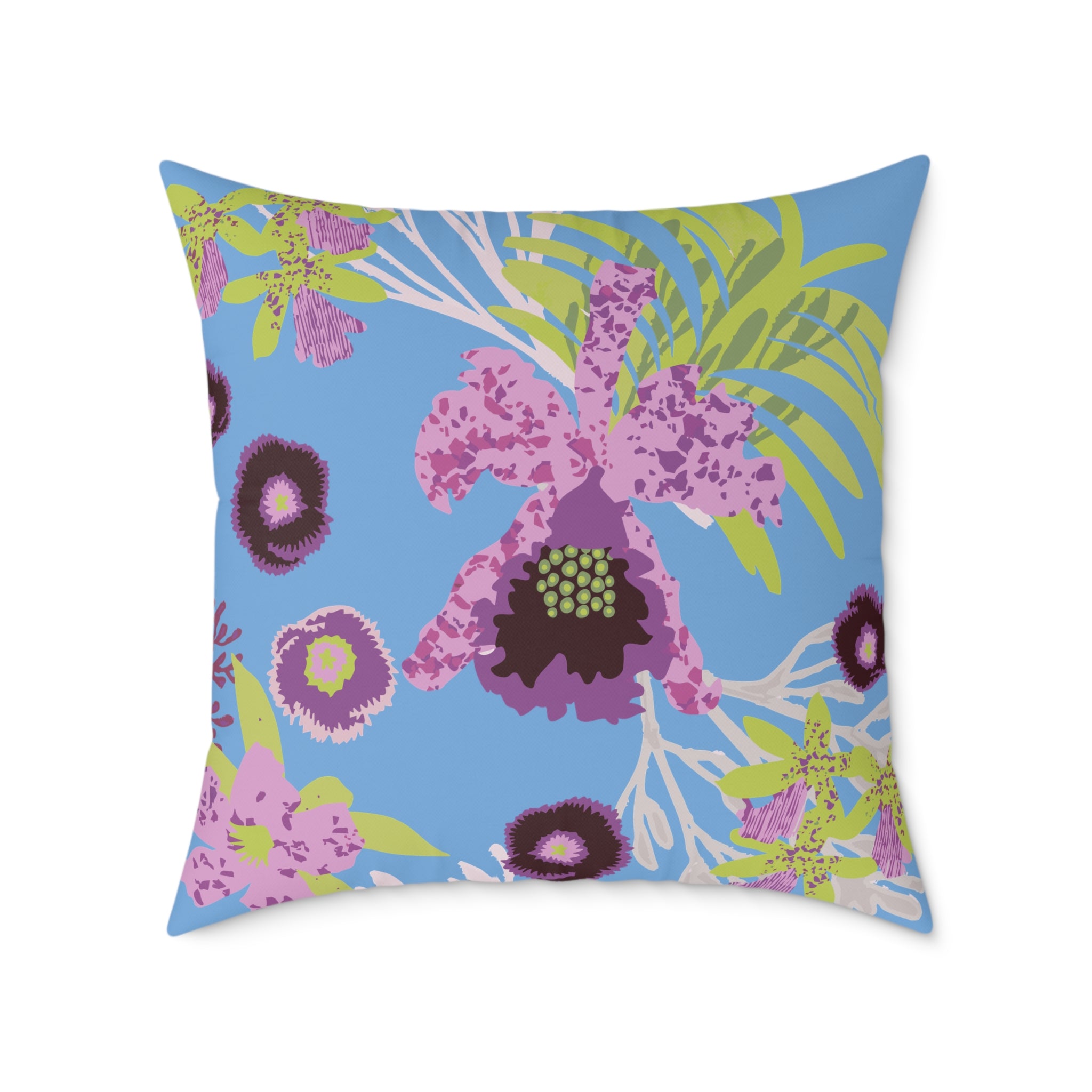 Floral-patterned pillow with purple flowers on a blue background