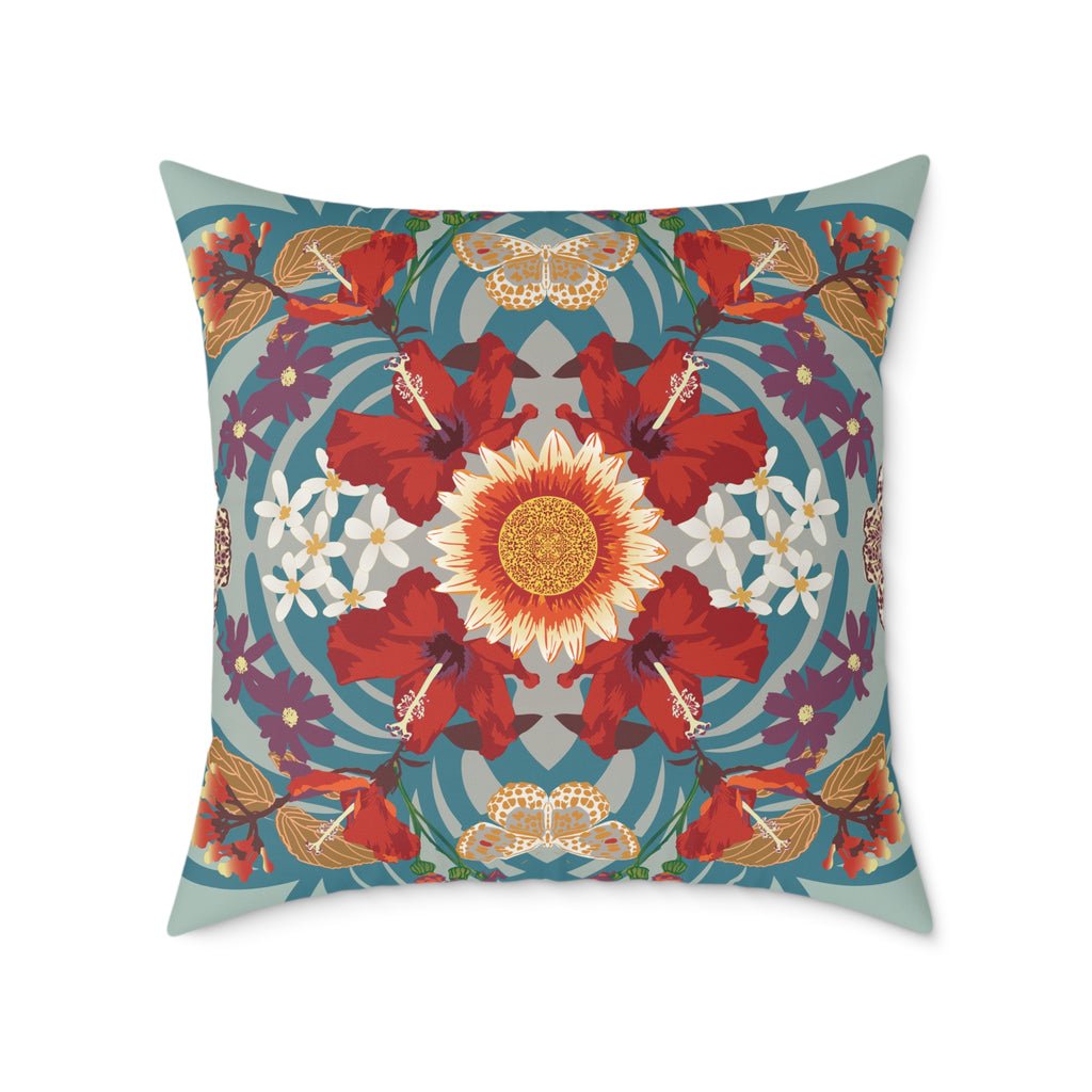 Decorative pillow with a colorful floral and mandala design on a white background