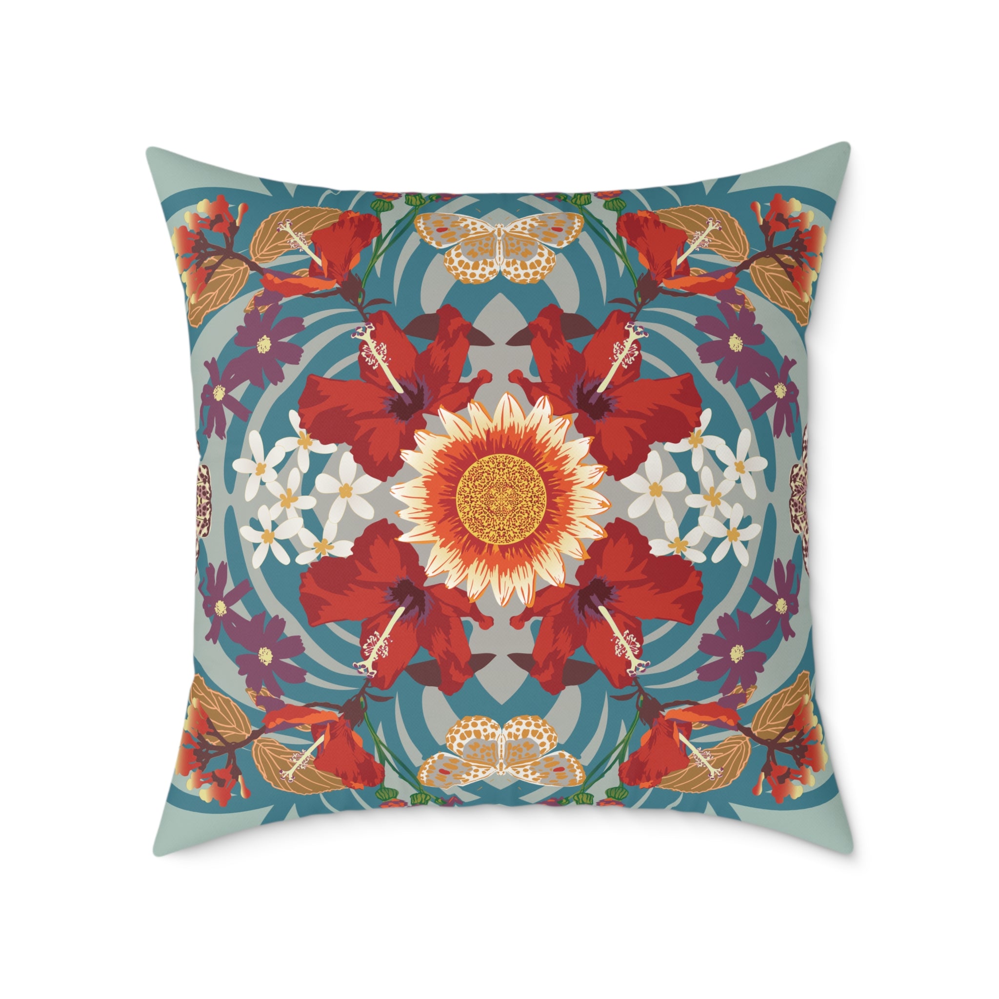 Decorative pillow with a colorful floral and mandala design on a white background