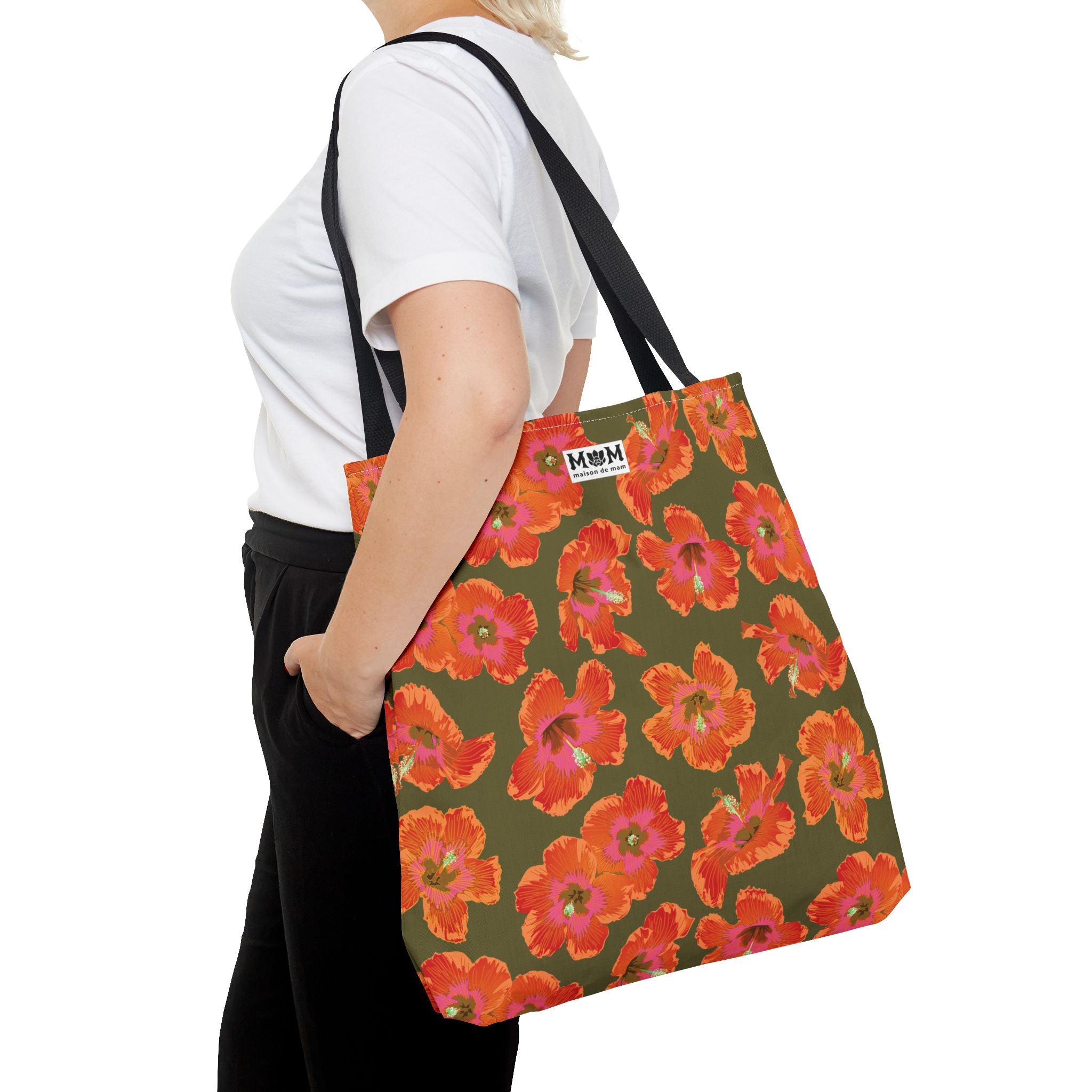 Pualani Orange Hibiscus Market Tote Bag ~ Olive