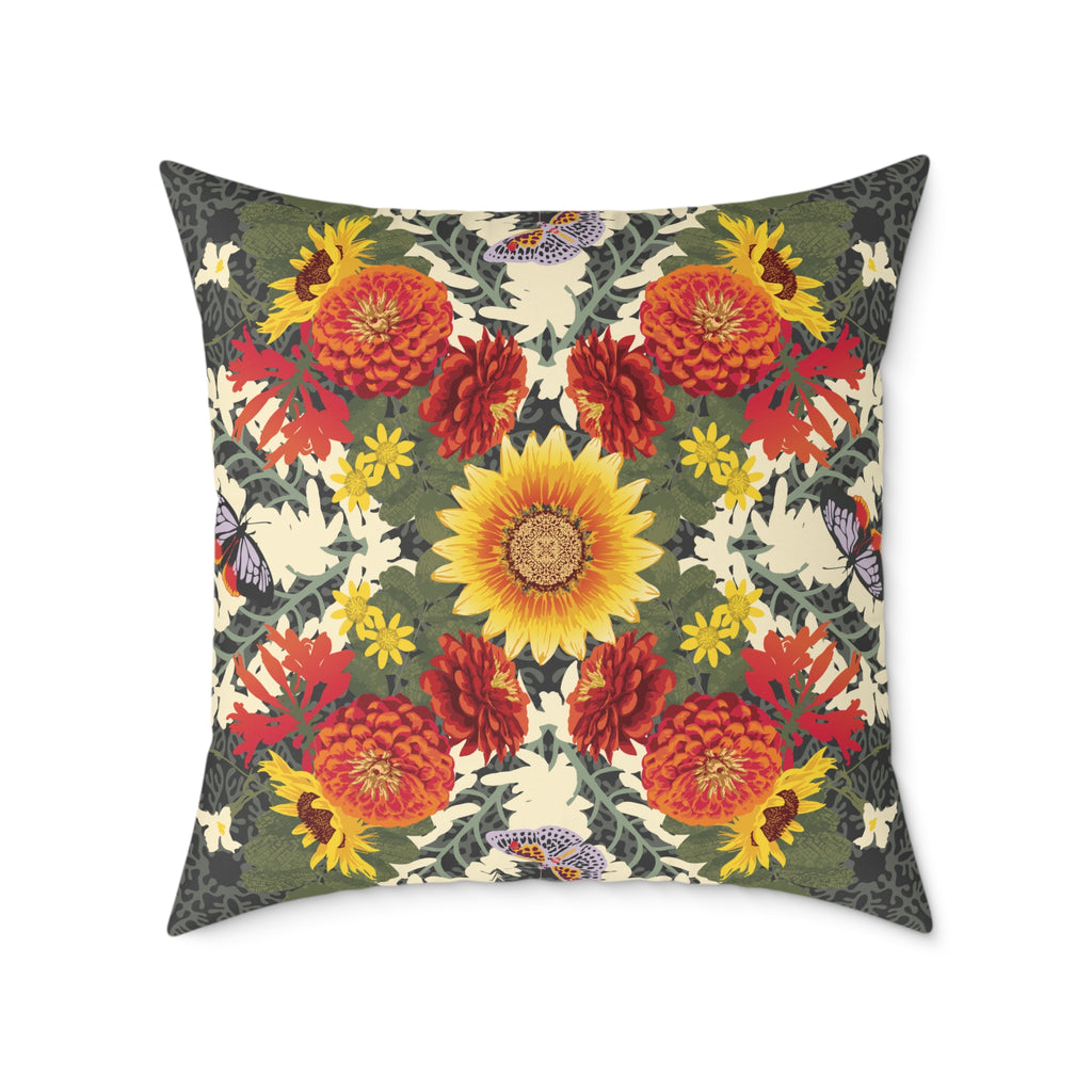 Decorative pillow with a colorful floral pattern on a white background