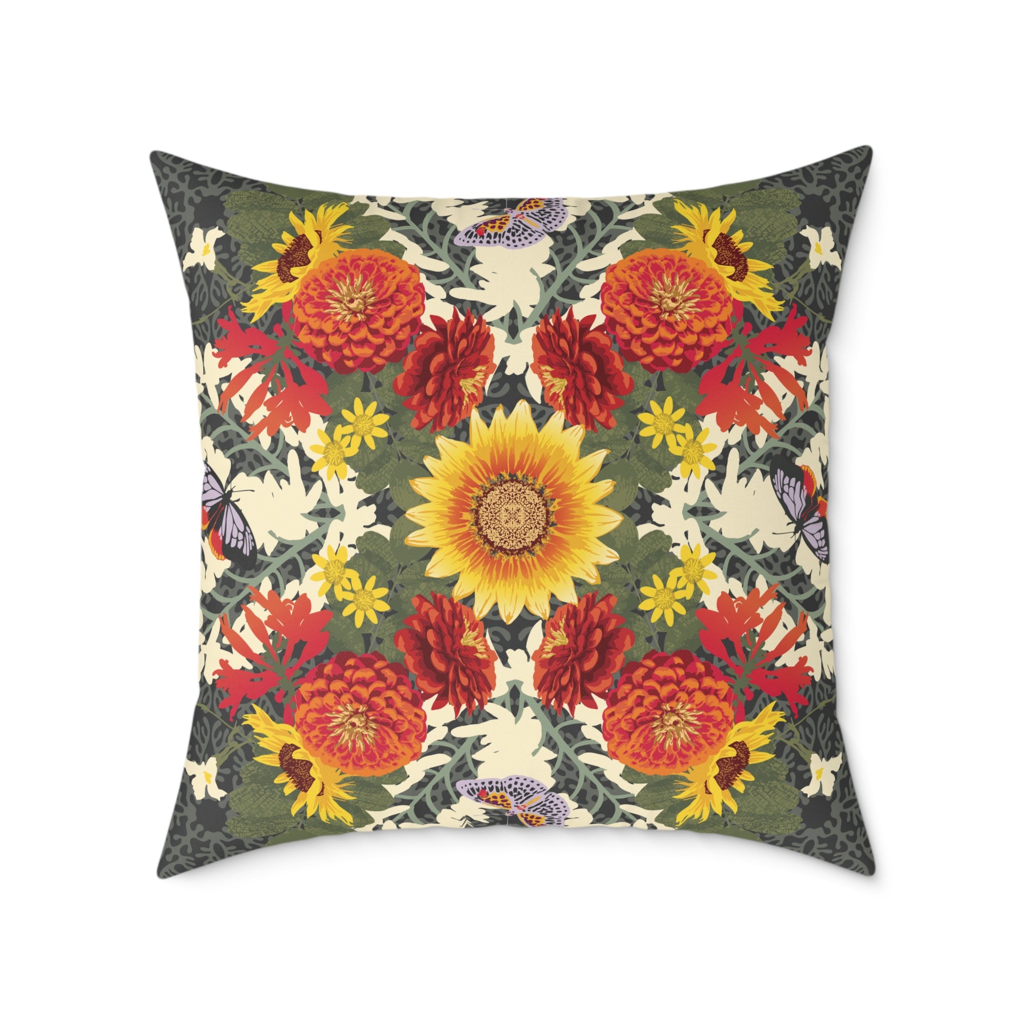 Decorative pillow with a colorful floral pattern on a white background