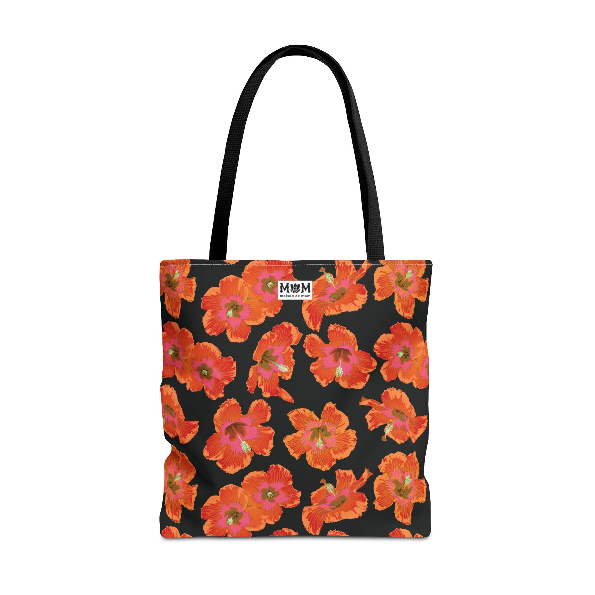 Pualani Orange Hibiscus Tote Market Bag ~ Black