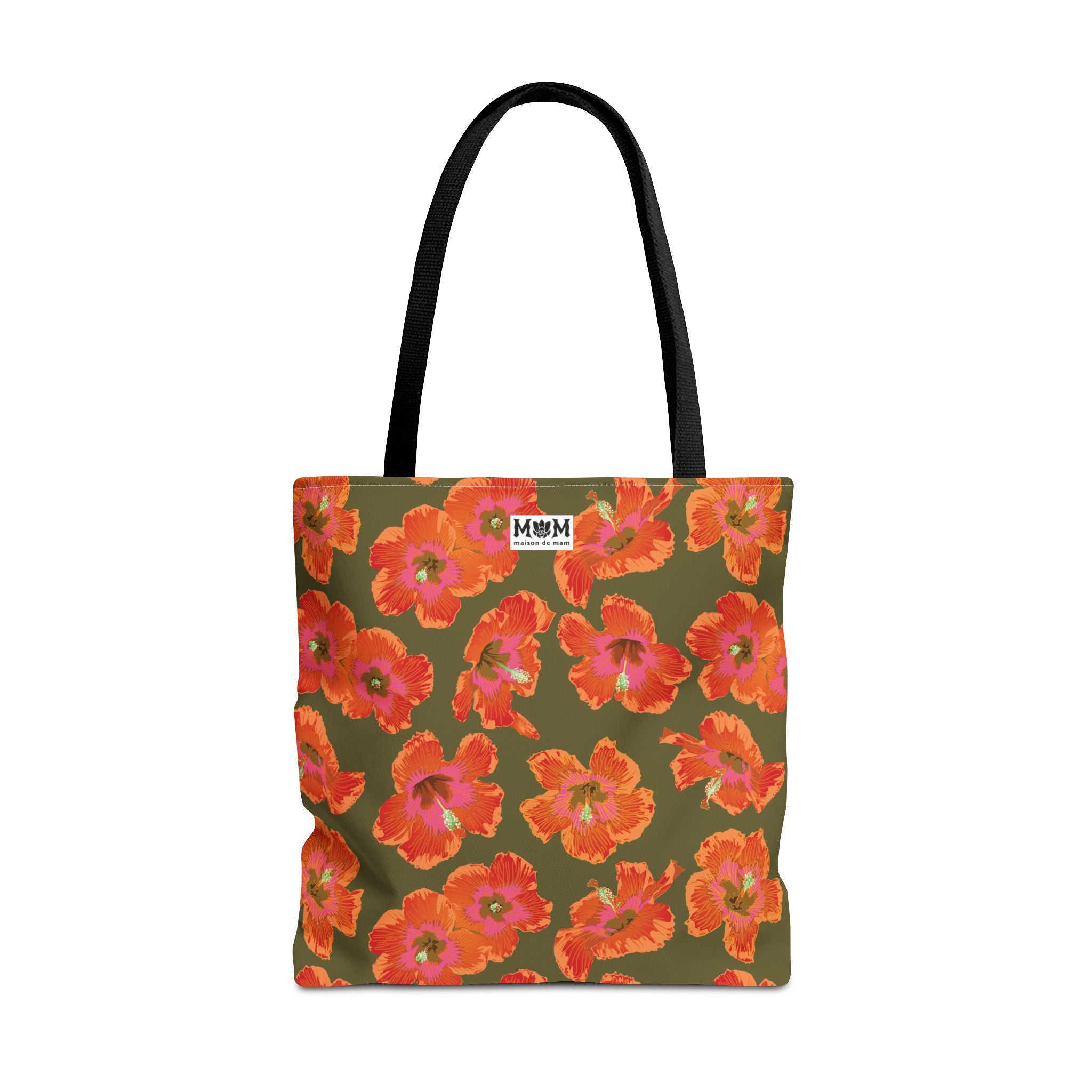 Pualani Orange Hibiscus Market Tote Bag ~ Olive