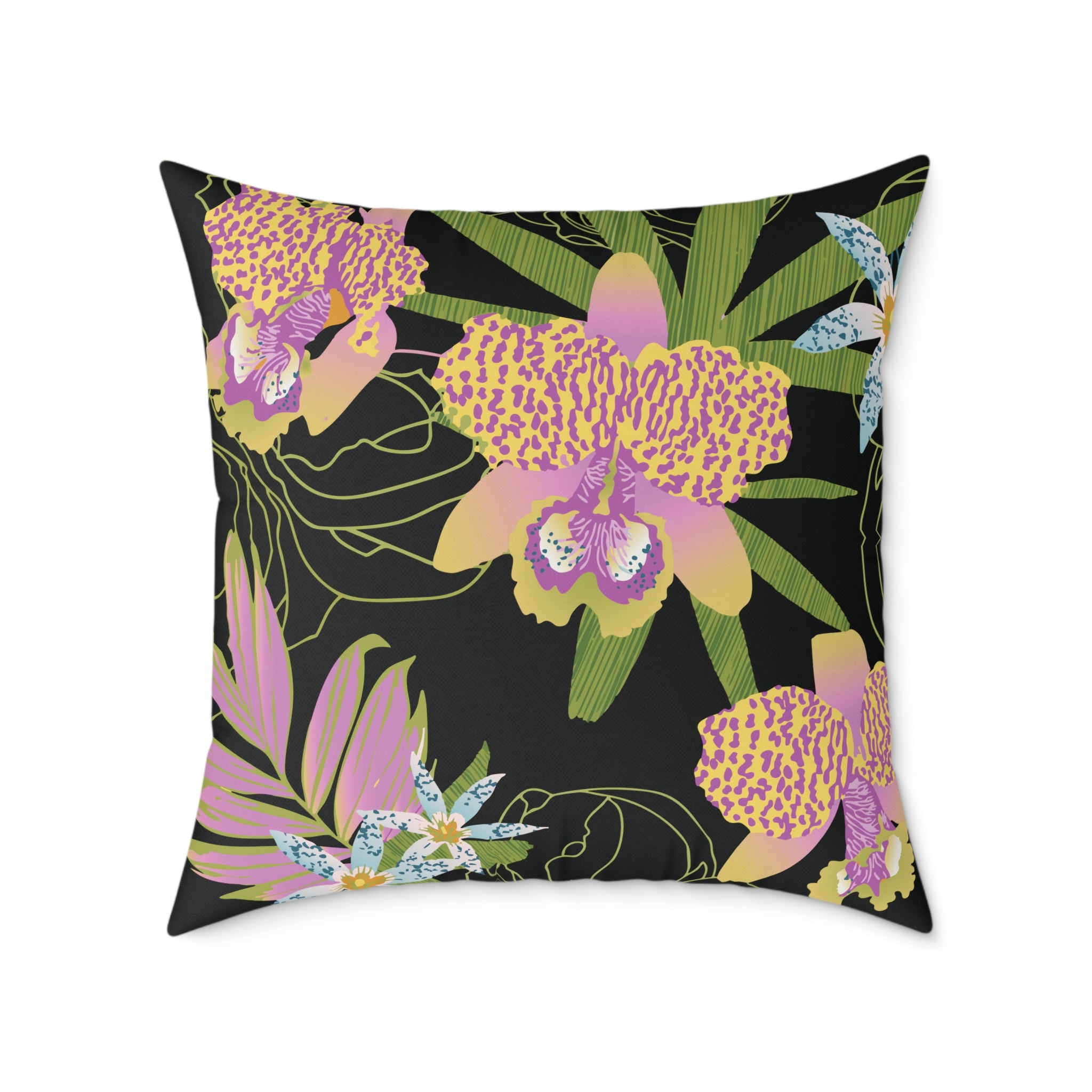 Decorative pillow with tropical floral design on a black background