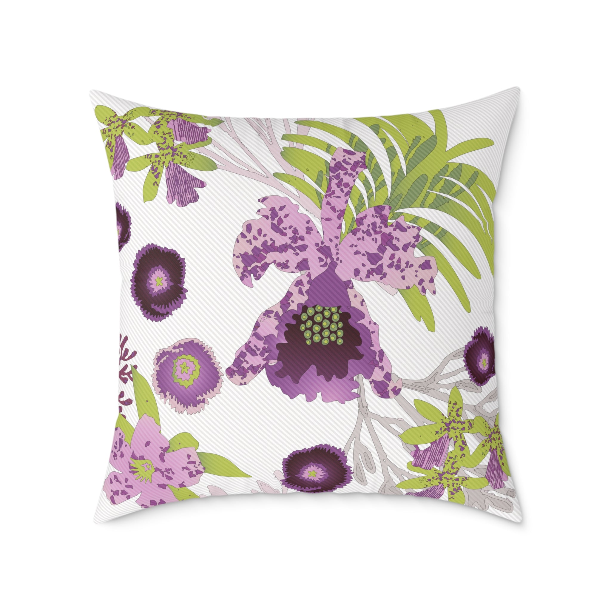 Floral-patterned pillow with purple and green flowers on a white background