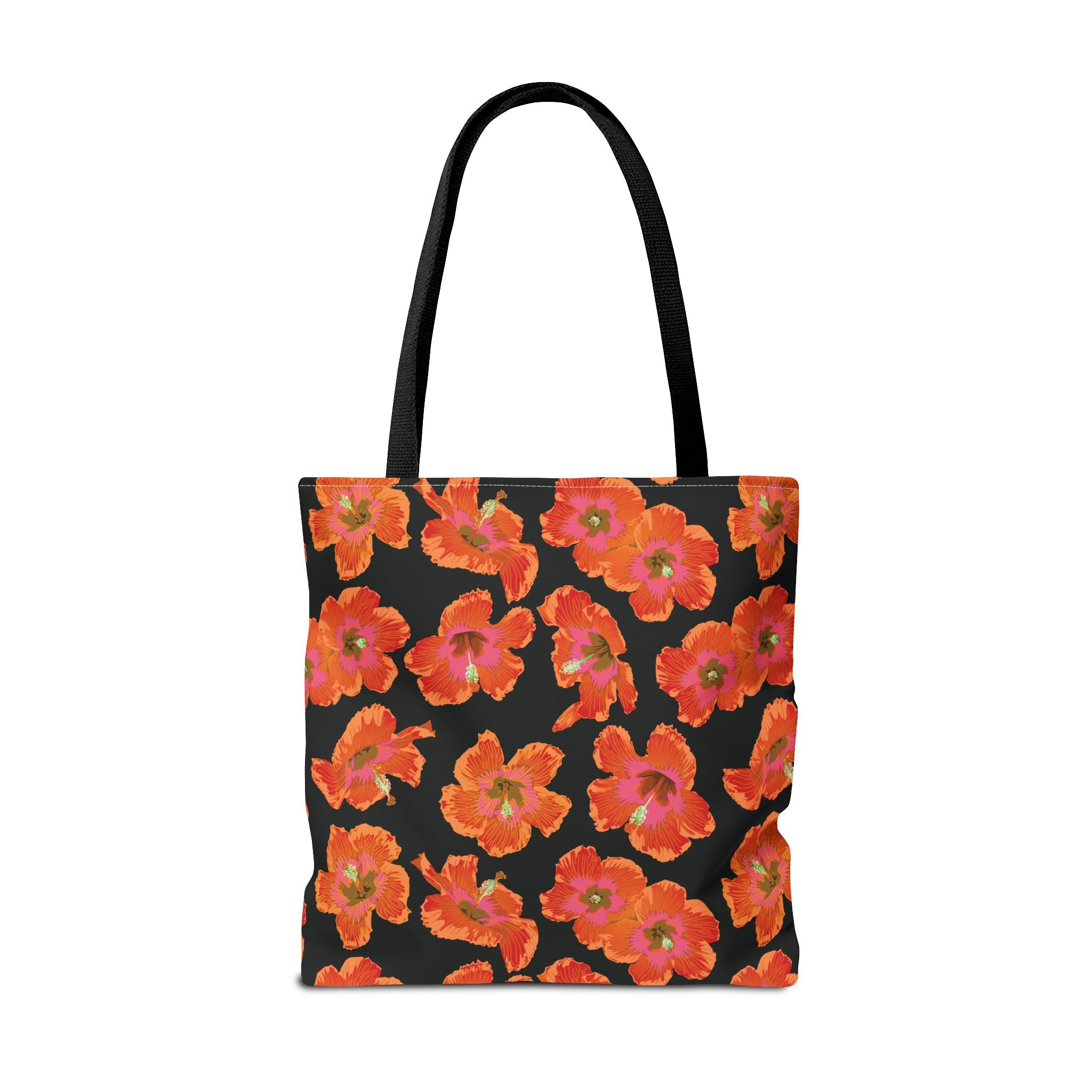 Pualani Orange Hibiscus Tote Market Bag ~ Black